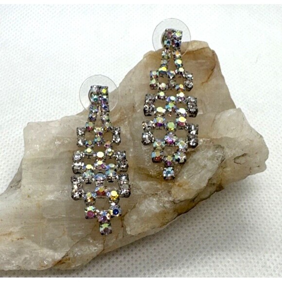 Vintage AB Clear Rhinestone Silver Tone Dangle/Drop‎ Pierced Earrings Retro Glam - Picture 1 of 7